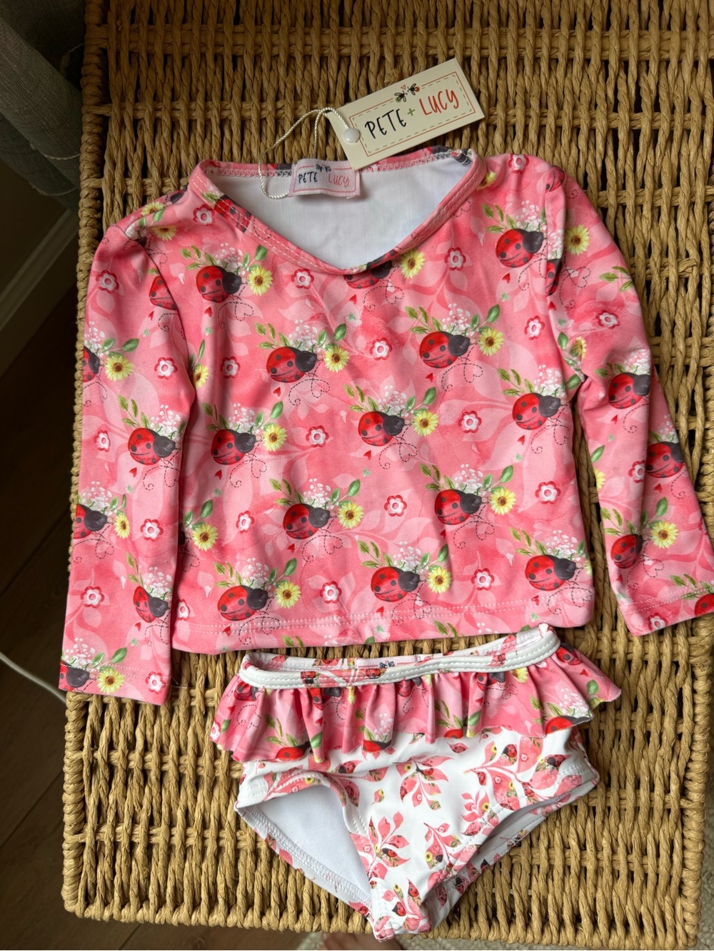 Pete + Lucy Pink Ladybug Two-Piece Kids Swim Set
